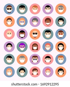 Set masked faces in circles, avatars, icons, people of different nationalities in flat style. Danger of virus covid-19 infection
