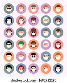 Set masked faces in circles, avatars, icons, people of different nationalities in flat style. Danger of virus covid-19 infection