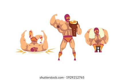 Set of Masked Mexican Wrestlers, Battle Acrobat Fighters, Lucha Libre Cartoon Vector Illustration