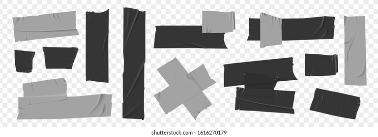 Set masking tape. Torn tape. Vector realistic black adhesive and grey masking tape pieces. Isolated vector illustration