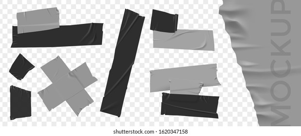 Set masking tape. Torn tape. Vector realistic black adhesive and grey masking tape pieces. Isolated vector illustration