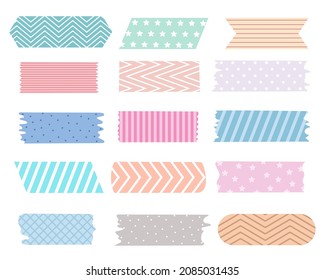 Set masking tape washi isolated vector illustration. A collection of cute stickers to highlight or decorate photos and postcards. Small decorated masking tapes for design