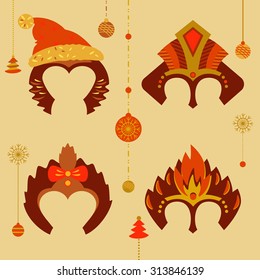 A set of masks to celebrate a happy new year 2016. Red monkey fiery decoration. Mask for Santa, children and adults. The mood for celebration.New Year decoration