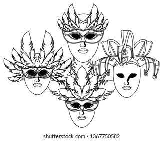 set of masks and feathers black and white