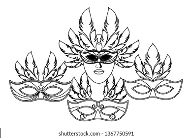 set of masks and feathers black and white