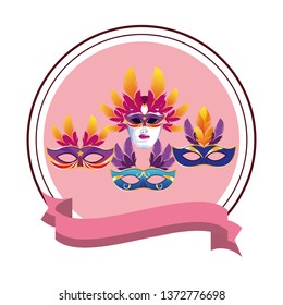 set of masks with feathers round icon