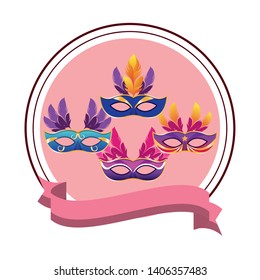 set of masks with feathers round icon