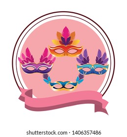 set of masks with feathers round icon