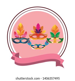 set of masks with feathers round icon