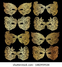 Set of masks with golden curl ornaments. Vector hand drawn illustrations