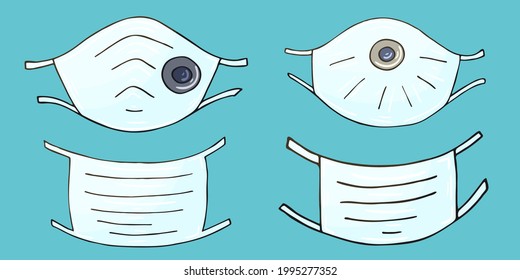 Conjunto de máscaras con estilo de dibujo a mano. Conjunto de ilustraciones vectoriales. Colección de máscaras médicas