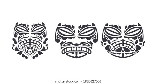 Set of Masks with Pattern of Maori and Polynesian culture. Face Tribal Polynesian tattoo style. Handmade. Vector 