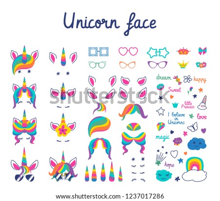 set with masks for photos. Cute unicorn face, glasses with different rims, hair, ears, horns, eyes, decorative elements and inscriptions. Illustration in flat style on a white background. 