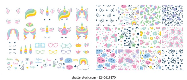 set with masks for photos with set seamless pattern . Cute unicorn face, glasses with different rims, hair, ears, horns, eyes, decorative elements and inscriptions. Illustration in flat style 