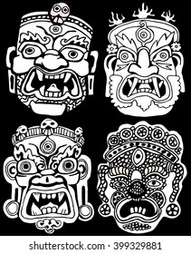 Set of Masks. Retro hand drawn.Coloring book pages.