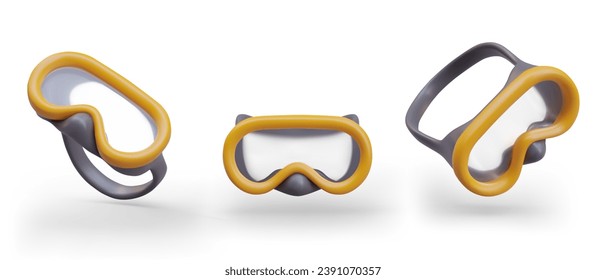 Set of masks for scuba diving. Vector object in different positions. Accessories for extreme sports. Leisure on sea, ocean. Eye protection during deep diving