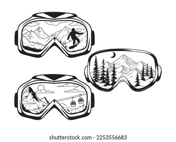 Set of masks for snowboarding with mountain scenery. Collection of snowboarding goggles with winter landscape. Extreme emblem. Vector illustration of adventure stamp.