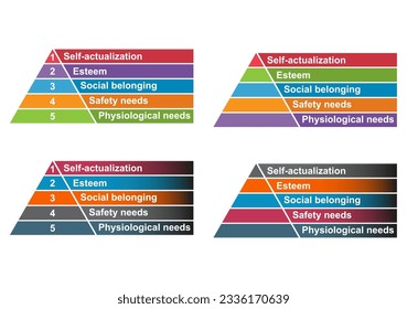 Set of Maslow pyramid hierarchy of needs, motivation model growth triangle symbol, chart vector illustration .