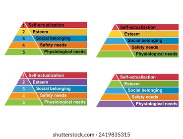 Set of Maslow pyramid hierarchy of needs, motivation model growth triangle symbol, chart vector illustration .