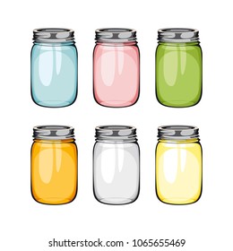 Set of mason glass jar. ball.  Empty glass jar in difrent colours with handle.