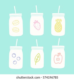 Set of mason jars with different fruits. Vector hand drawn objects