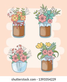 set of mason jars with floral decorations