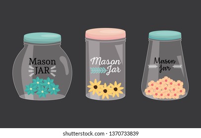 set of mason jars with lid and flowers