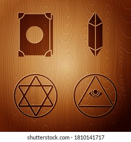 Coloca Masones, libro de magia de la antigüedad, Estrella de David y piedra mágica sobre fondo de madera. Vector