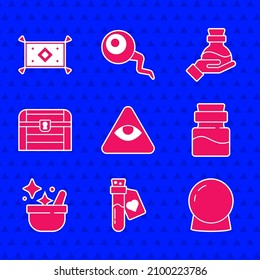 Set Masons, Bottle with love potion, Magic ball, Witch cauldron, Antique treasure chest,  and carpet icon. Vector