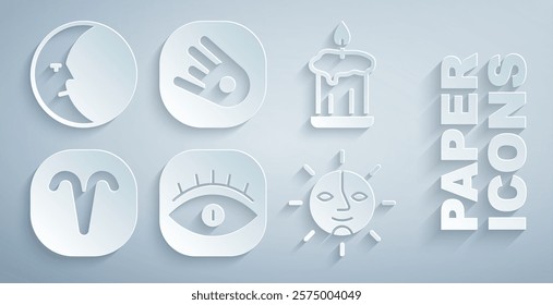 Set Masons, Burning candle, Aries zodiac, Sun, Comet falling down fast and Moon icon. Vector