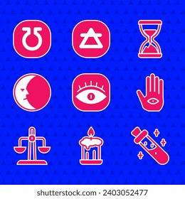 Set Masons, Burning candle, Bottle with potion, Hamsa hand, Libra zodiac, Moon, Old hourglass sand and Life icon. Vector