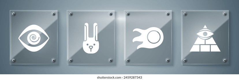 Set Masons, Fireball, Rabbit with ears and Hypnosis. Square glass panels. Vector