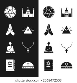 Set Masons, Hands in praying position, Pentagram circle, Muslim Mosque, Buddhist monk, Christian cross chain, Jewish kippah with star of david and torah book icon. Vector