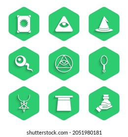 Set Masons, Magic hat, Bottle with potion, hand mirror, Pentagram necklace, Eye, Witch and Ancient magic book icon. Vector