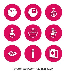 Set Masons, Magic staff, Playing cards, Bottle with love potion, Pentagram, Unicycle or one wheel bicycle and Beach ball icon. Vector