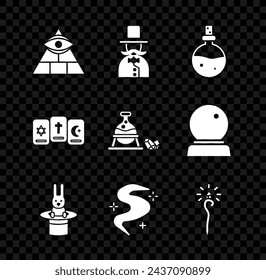 Set Masons, Magician, Bottle with love potion, hat and rabbit, fog or smoke, staff, Three tarot cards and Witch cauldron magic stone icon. Vector