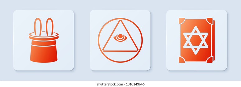 Set Masons, Magician hat and rabbit ears and Ancient magic book. White square button. Vector