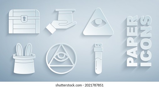 Set Masons, Magician hat and rabbit ears, Bottle with potion, in hand and Antique treasure chest icon. Vector