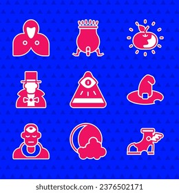 Set Masons, Moon and stars, Hermes sandal, Witch hat, Wizard warlock, Magician, Poison apple and Mantle, cloak, cape icon. Vector