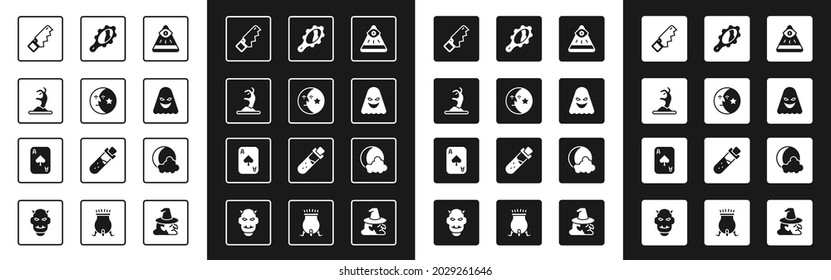 Set Masons, Moon and stars, Zombie hand, Hand saw, Ghost, Magic mirror,  and Playing cards icon. Vector