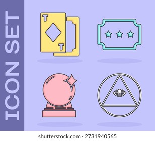 Set Masons, Playing cards, Magic ball and Ticket icon. Vector