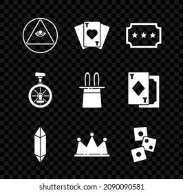 Juego de máscaras, cartas de juego, boletos, piedra mágica, corona, dados de juego, bicicleta de uniculo o rueda e icono de sombrero mago y orejas de conejo. Vector