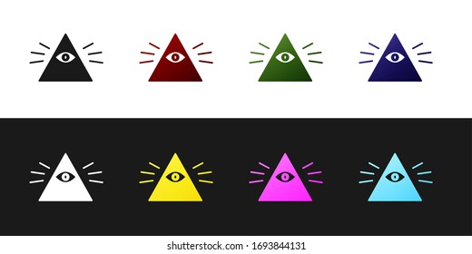 Fijar el símbolo Masons icono de todo ver el ojo de Dios aislado en fondo blanco y negro. El ojo de Providence en el triángulo. Ilustración vectorial