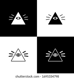 Set Masons symbol All-seeing eye of God icon isolated on black and white background. The eye of Providence in the triangle. Vector Illustration