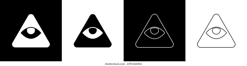 Set Masons symbol All-seeing eye of God icon isolated on black and white background. The eye of Providence in the triangle.  Vector