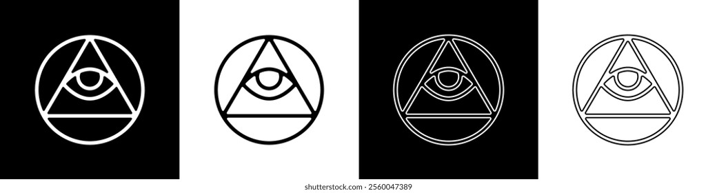 Set Masons symbol All-seeing eye of God icon isolated on black and white background. The eye of Providence in the triangle.  Vector