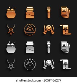 Set Masons, Three tarot cards, Ancient magic book, Magic ball hand, Pentagram necklace, Bottle with potion, Witch cauldron and  icon. Vector