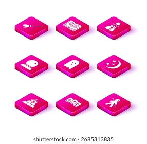 Set Masons, Three tarot cards, Magic ball, Ghost, Voodoo doll, Moon and stars, Magician and Ancient magic book icon. Vector