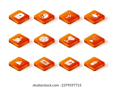 Set Masons, Traditional carpet, Buddhist monk, Pentagram in circle, Holy book of Koran, Christian chalice, Monk and Hanukkah menorah icon. Vector