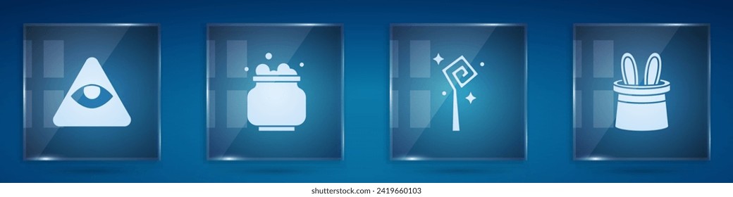 Set Masons, Witch cauldron, Magic staff and Magician hat and rabbit ears. Square glass panels. Vector